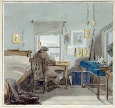W pracy. W domu Pavla Nashchokin (1801-?) (Moskwa). (W pracy. W domu Pawła Nashchokina). Dzieło Piotra (Piotra) Fiodorowicza Sokolova (Pierre Sokolov) (1791-1848), akwarela na papierze autorstwa Pyotr Fyodorovich Sokolov