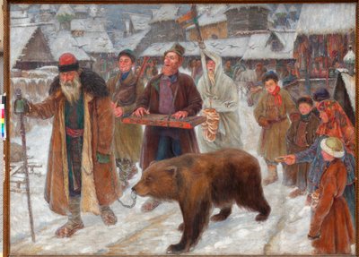 „Pieśń skomorochów” (Pieśń skomorochów) Wędrowni wykonawcy, poskramiacze niedźwiedzi w Rosji Obraz Piotra Iwanowicza Subbotina (Permyak) (1886-1923) autorstwa Pyotr Ivanovich Subbotin