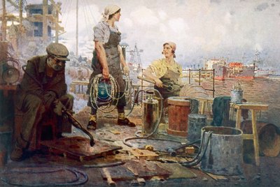 Czerwona stocznia Sormovo, ok. 1920 r. (kolorowa litografia) autorstwa Pyotr Ivanovich Kotov