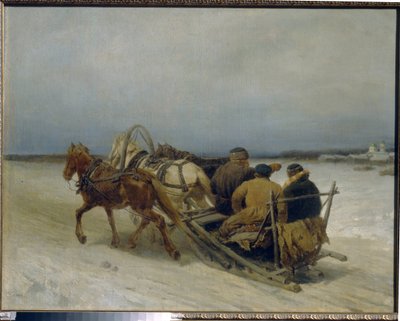 Trojka zimą. (Tradycyjny rosyjski autostop, ciągnięty przez trzy konie). Obraz Piotra (Piotra) Pietrowicza Sokołowa (1821-1899), olej na płótnie autorstwa Pyotr Petrovich Sokolov