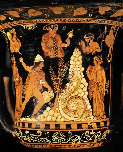 Krater z czerwonymi figurami: Król Kadmos, amfora w jednej ręce, rzuca kamieniami w smoka ... autorstwa Python Python