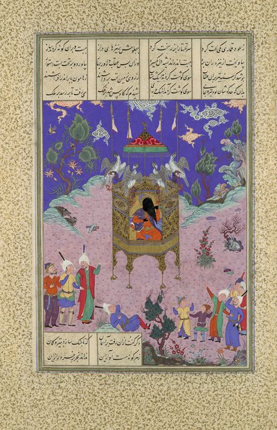 Kai Kavus wstępuje do nieba, Folio 134r z Księgi Królów Shahnama..., ca. 1525-30. autorstwa Qadimi