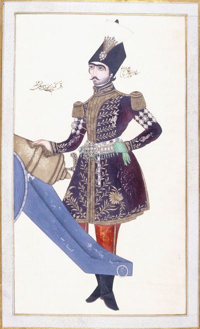 Portret Nasira al-Din Shaha, ręka spoczywająca na armacie, c. 1853-4 autorstwa Qajar School