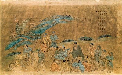 Chiński filozof Konfucjusz (Kong Fu Zi) (551-479 pne) otacza swoich uczniów (akwarela) autorstwa Qing Dynasty Chinese School
