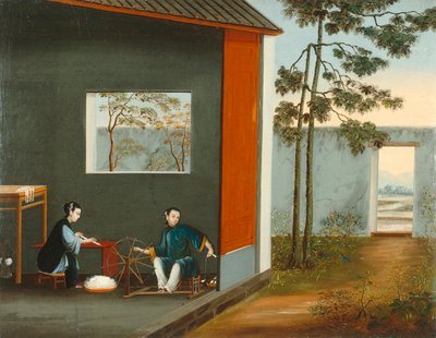 Dwie przędzące kobiety, ok. 1800 (olej na płótnie) autorstwa Qing Dynasty Chinese School