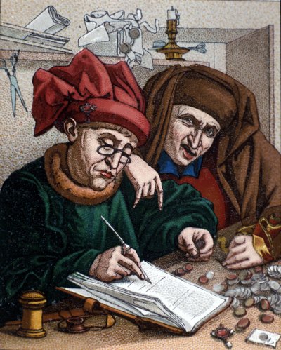 Pożyczkodawcy. Działalność ta doprowadziła do powstania banków. Ilustracja inspirowana malarstwem Metsysa. 19 wiek autorstwa Quentin (after) Massys or Metsys