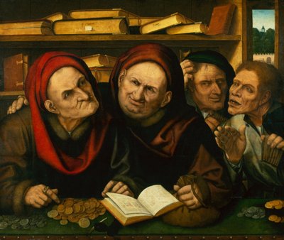 Chłopi w Urzędzie Dwóch Poborców Podatkowych (olej na panelu) autorstwa Quentin (workshop of) Massys or Metsys