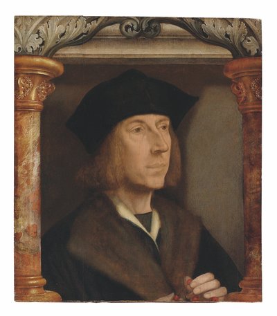 Portret dżentelmena, do biustu, w płaszczu podszytym futrem, odmawiający różaniec, osadzony w architektonicznej oprawie (olej na desce) autorstwa Quentin Massys or Metsys