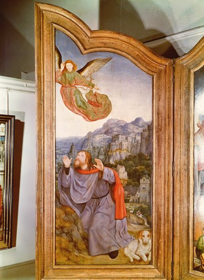 Święte Pokrewieństwo lub Ołtarz św. Anny, szczegół lewego panelu przedstawiający Zwiastowanie Joachimowi, 1509 autorstwa Quentin Massys or Metsys