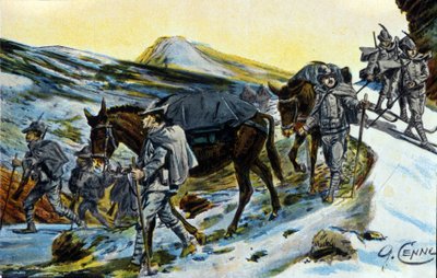 Pierwsza wojna światowa: grupa włoskich myśliwych alpejskich w uznaniu dla ich mułów w 1915 roku. Ilustracja Quinto Cenni (1845-1917) autorstwa Quinto Cenni