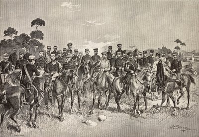 Oficerowie armii obcych odwiedzający włoskich żołnierzy w Lombardii we Włoszech, rycina z rysunku Quinto Cenni, z L