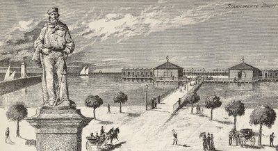 Pomnik ku pamięci Giuseppe Garibaldiego (1807-1882), włoskiego polityka i patrioty, a w tle zakład kąpielowy, Cesenatico, Włochy autorstwa Quinto Cenni