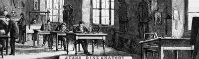 Biura braci Treves, dział projektantów, Mediolan, Włochy, ilustracja Quinto Cenni (1845-1917) z L