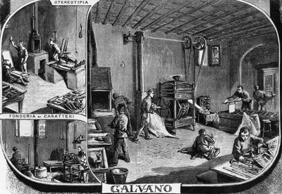 Biura braci Treves, odlewanie czcionek i wydział druku stereotypów, Mediolan, Włochy, ilustracja Quinto Cenni (1845-1917) z L