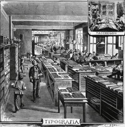 Biura braci Treves, typografia i nakładanie, Mediolan, Włochy, ilustracja Quinto Cenni (1845-1917) z L