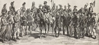 Armia Piemontu w 1859 r.: piechota, artylerzysta, inżynierowie, grenadierzy, oficerowie, generałowie, włócznicy, kawalerzyści, strzelec, rycina z rysunku Quinto Cenni, z L