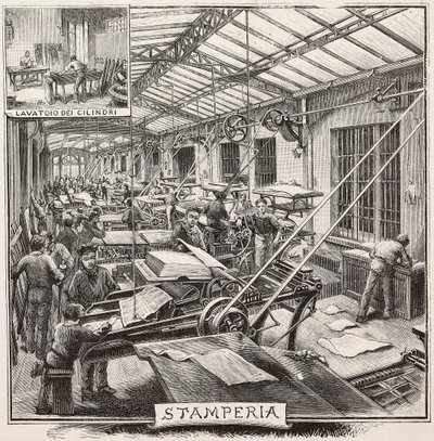 Drukarnia w wydawnictwie Fratelli Treves, Mediolan, Włochy, rycina z rysunku Quinto Cenniego, z L
