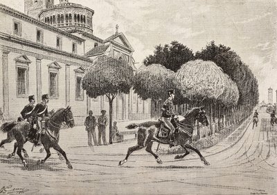 Żołnierze na koniach przechodzący przed Sanktuarium Beata Vergine dei Miracoli, Saronno, Włochy, rycina z rysunku Quinto Cenni, z L