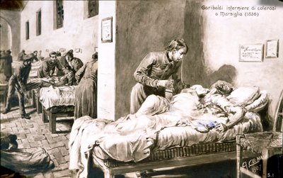 Włoski patriota Giuseppe Garibaldi (1807-1882) pielęgniarz pod nazwiskiem Pan-Borel (Pane Borel) do pacjentów cholery w Marsylii w 1836 r. Pocztówka z XIX-wiecznej kolekcji prywatnej autorstwa Quinto Cenni