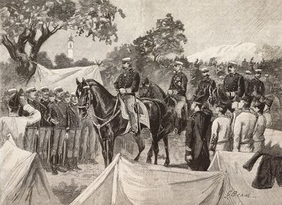 Umberto I (1844-1900), król Włoch z kilkoma oficerami, wizyta w obozach wojskowych, 11 września autorstwa Quinto Cenni