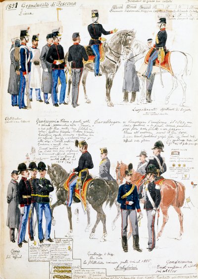 Mundury Wielkiego Księstwa Toskanii w 1851 r., tablica zaczerpnięta z kodeksu Cenni, zbiór szkiców wojskowych rysowanych przez Quinto Cenni (1845-1917) autorstwa Quinto Cenni
