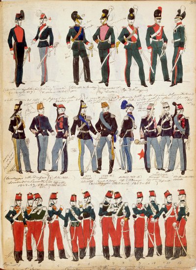 Różne włoskie mundury w powszechnym użyciu około 1860 roku przez Quinto Cenni, kolorowa płyta autorstwa Quinto Cenni