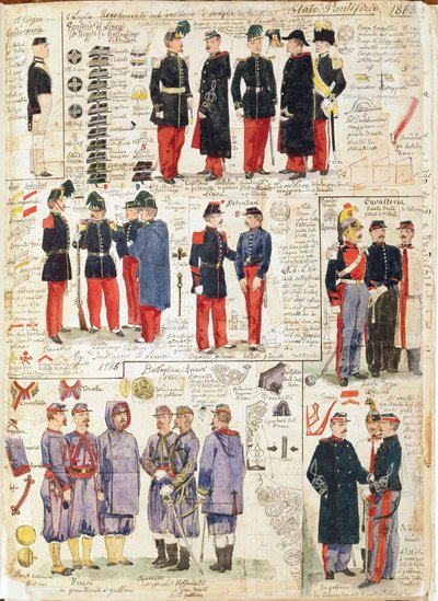 Różne mundury Państwa Kościelnego z 1865 r. Kolorowa tabliczka autorstwa Cenni Quinto autorstwa Quinto Cenni