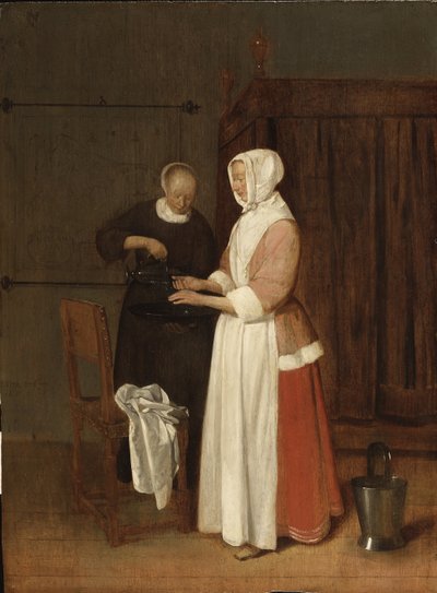 Kobieta myjąca ręce - Kobieta myjąca ręce, Brekelenkam, Quiringh van (ok. 1622-ok. 1669). olej na drewnie autorstwa Quiringh Gerritsz. van Brekelenkam