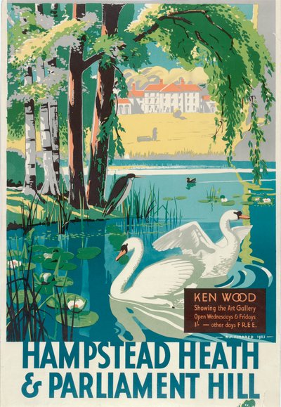 „Hampstead Heath and Parliament Hill”, plakat London County Council LCC Tramways, 1933 autorstwa RF Fordred