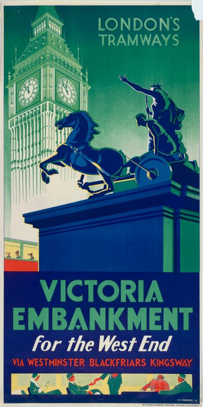 „Victoria Embankment”, plakat LCC Tramways Rady Hrabstwa Londyn, 1932 autorstwa RF Fordred