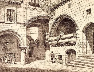 Część Piazza San Pellegrino, Viterbo, Włochy, z „Przykłady architektury miejskiej, handlowej i ulicznej Francji i Włoch od XII do XV wieku, wyd. przez W.Mackenzie autorstwa R. (after) Anderson