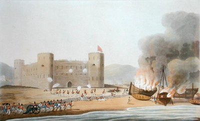Atak na Fort Luft, 27 listopada 1809 r., z „szesnastu widoków miejsc w Zatoce Perskiej, wykonanych w latach 1809-10 ilustrujących postępowanie sił zbrojnych użytych podczas wyprawy wysłanej z Bombaju”, ryt. I. Clarka, opublikowano 1 autorstwa R. (after) Temple