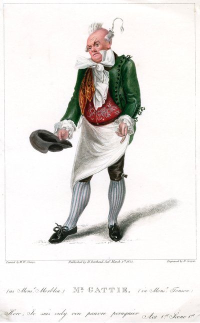 Pan Gattie jako Monsieur Morbleu w Monsieur Tonson, 1822. autorstwa R. Cooper