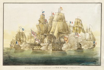 Okręty H.M.S. "Victory" i "Temeraire" w bitwie pod Trafalgarem o wpół do dwunastej w południe (litografia) autorstwa R. H. Nimmo