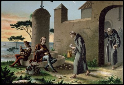 Przybycie Krzysztofa Kolumba (1451-1506) z synem do klasztoru la Rabida, z książki Odkrycie Ameryki, wydanej w Barcelonie w 1878 r. (kolor lito) autorstwa R. Puiggari