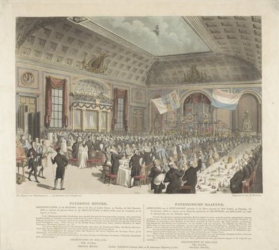 Posiłek Patriotyczny w Londynie, 1813 Kolacja patriotyczna. Reprezentacja Zgromadzenia w City of London Tavern we wtorek 14 grudnia 1813 (...) / Patriotische Mealtyd. Wizerunek Spotkania w Hotelu Miasto L autorstwa R. Reeves