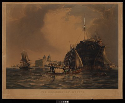 Dreadnought 104 działa, okręt szpitalny dla marynarzy wszystkich narodów, zacumowany w Tamizie u wybrzeży Greenwich, 20 czerwca 1831 r. autorstwa R. W. Price