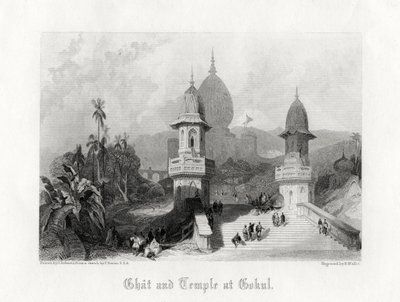 Ghat i świątynia w Gokul, Indie, ok. 1838 r. autorstwa R. Wallis