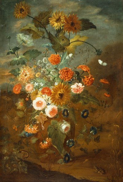 Róże, goździki, słoneczniki w wazonie z motylami, żabami, owadami (olej na płótnie) autorstwa Rachel Ruysch