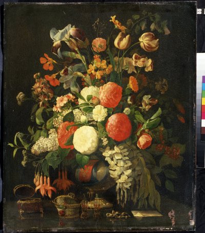 „Bukiet kwiatów”” (Kwiaty) Na stole są szkatułki na biżuterię. Obraz Rachel Ruysch (1664-1750) XVIII-wieczne Muzeum Sztuki Michaiła Kroszyckiego, Sewastopol (Sewastopol) Ukraina autorstwa Rachel Ruysh