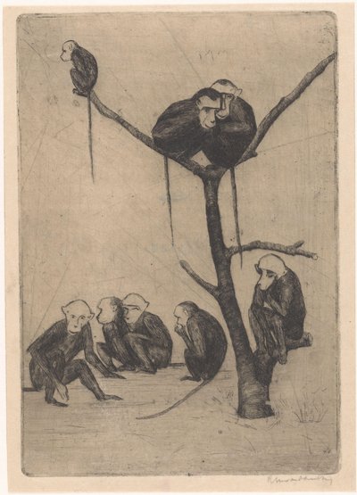 Małpy siedzące na drzewie i w jego pobliżu autorstwa Rachel van Dantzig (signed by artist)