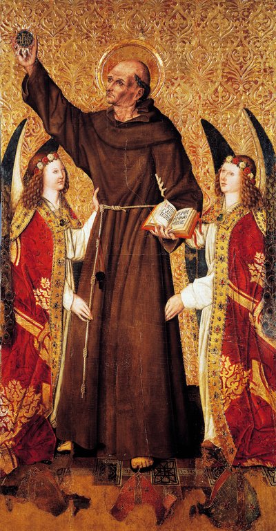 Bernard i anioły, centralny panel Ołtarza św. Bernarda Rafaela Tomasa (czynny 1455-1479), predella Joan Figuera (czynny od 1454-zm. 1477 lub 1479), tempera na desce, 398, 9x253 cm autorstwa Rafael & Figuera Joan (active c.1454 1477) Tomas