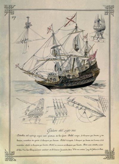 GALEON Z XVII WIEKU NA RYSUNKU XIX WIEKU autorstwa Rafael Monleon y Torres