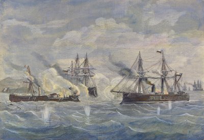 Bitwa morska między peruwiańskim statkiem „Huascar” a chilijskim „Blanco Encalada” i „Cochrane” w 1879 r. autorstwa Rafael Monleon y Torres