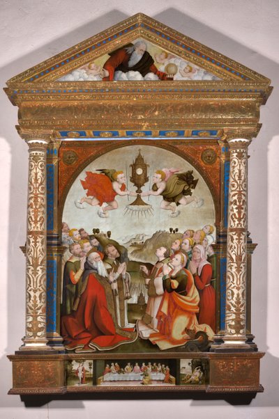 Ołtarz Adoracji Najświętszego Sakramentu, w predelli: Ostatnia Wieczerza, święty Sebastian i święty Roch autorstwa Raffaele De (fl.1514 1573) Pancalino
