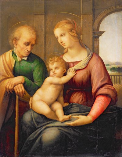 Święta Rodzina, czyli Madonna z Józefem Bez Brody, ok. 1506 (tempera i olej na płótnie przeniesione z panelu) autorstwa Raffaello Sanzio Raphael