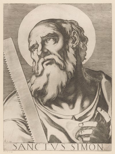 Św. Szymon Zelota Święty Szymon (tytuł na obiekcie) Chrystus, Maryja en de twaalf apostelen (tytuł serii) Święte Kolegium Apostolskie (tytuł serii) autorstwa Raffaello Schiaminossi