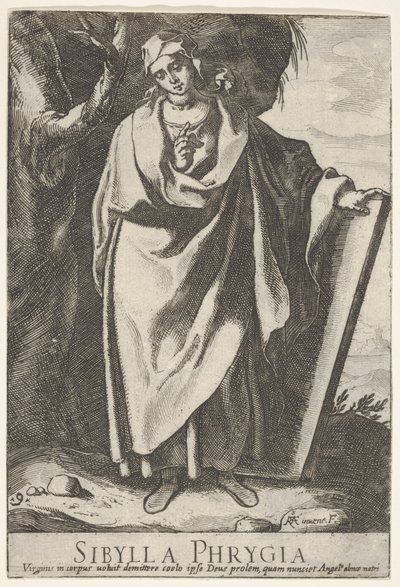 Tabliczka 9: Sybilla Frygijska trzymająca lewą ręką górną część tablicy i wskazującą w..., 1609. autorstwa Raffaello Schiaminossi