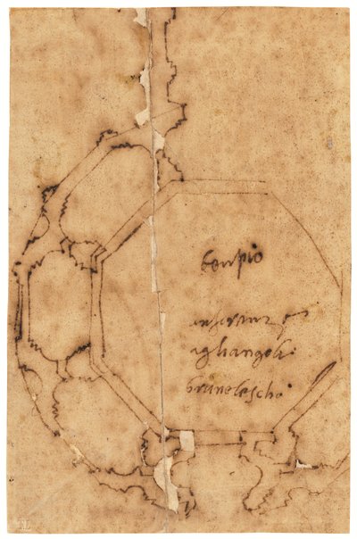 Plan Santa Maria degli Angeli, Florencja (pióro i brązowy tusz, na kalce olejnej) autorstwa Raffaello da Montelupo