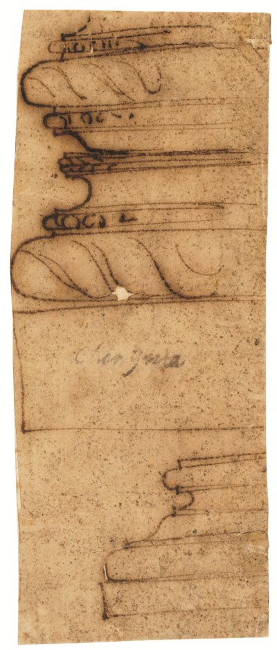 Dwa fragmenty architektoniczne (pióro i brązowy tusz, na olejowanej kalce) autorstwa Raffaello da Montelupo